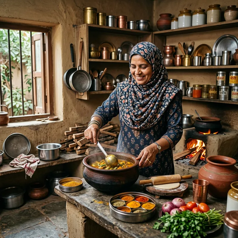 Traditional Indian Kitchen with Muslim Woman in Attire Traditional Indian Kitchen with Muslim Woman in Attire