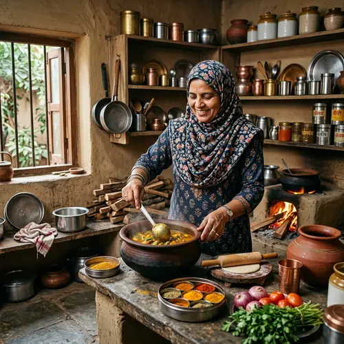 Traditional Indian Kitchen with Muslim Woman in Attire