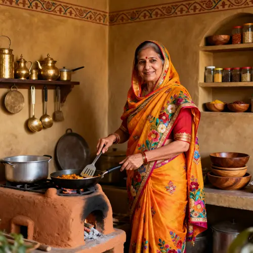 Traditional Indian Kitchen with Muslim Woman in Attire