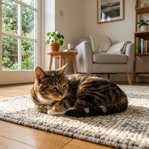 Tranquil Tabby Cat on Cozy Rug | Peaceful Domestic Scene