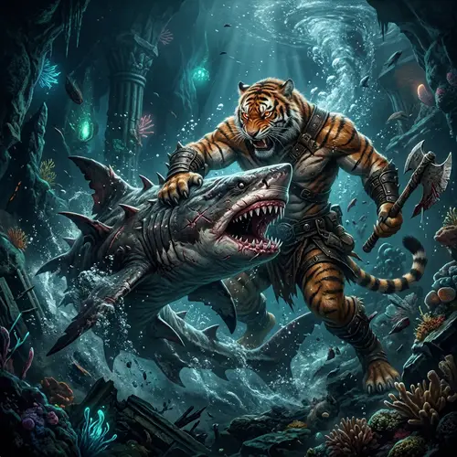 Humanoid Tiger Battles Mutant Shark in Surreal Underwater Scene