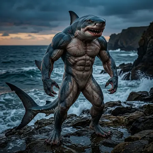 Fascinating Humanoid Shark Character with Menacing Eyes