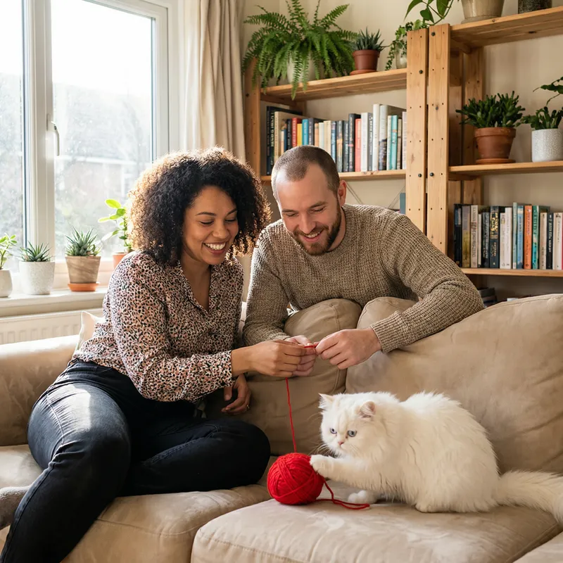 A Multicultural Couple with a Persian Cat in a Cozy Living Room