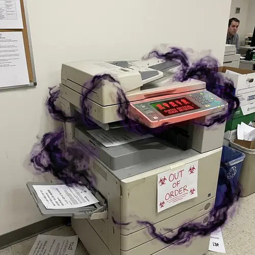 Compromised Office Copier with Computer Virus Symbolism