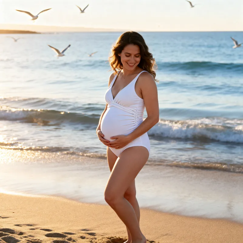 Pregnant Woman in Swimsuit at the Beach