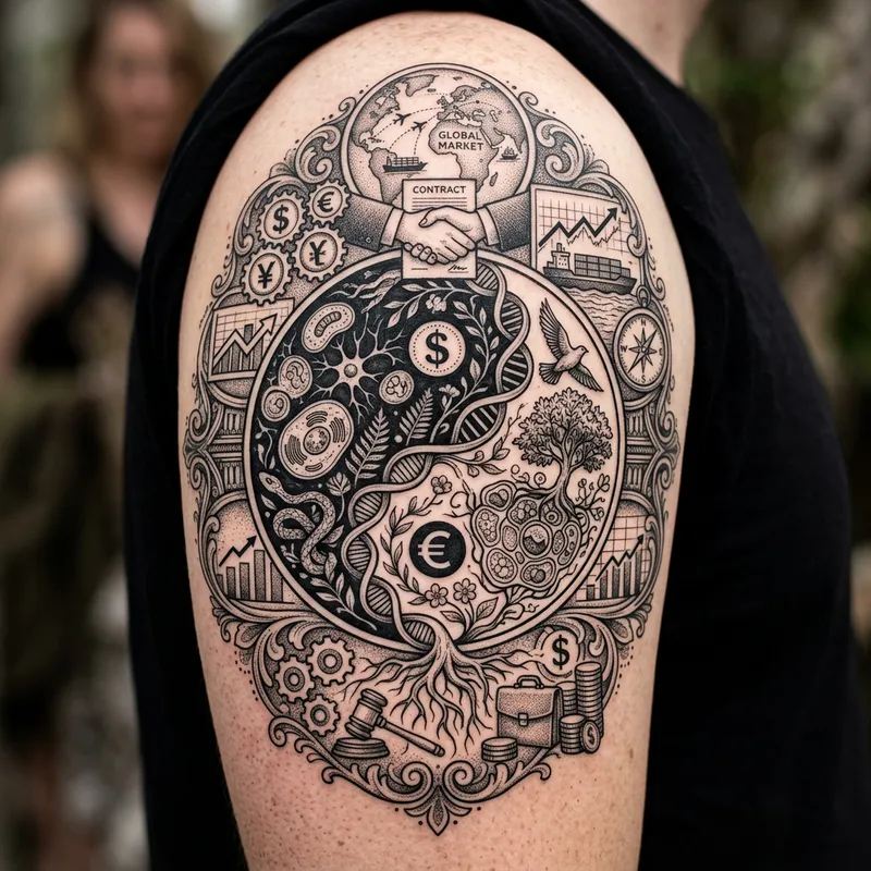 Intricate Yin-Yang Tattoo Design with Biology and International Business Elements