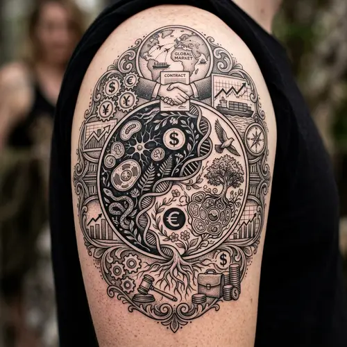 Yin-Yang Tattoo Design with Biology and International Business Elements