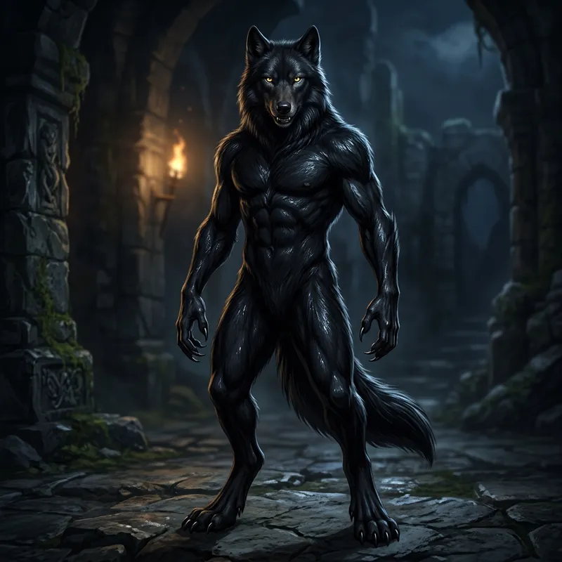 Captivating Black Fur Anthropomorphic Wolf