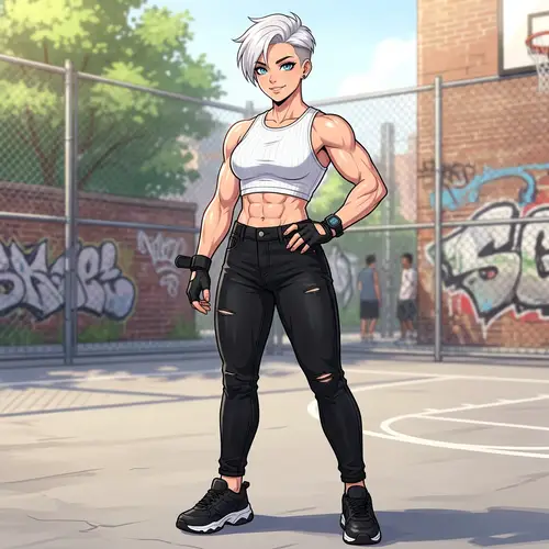 Anime Style Muscular Female Character with White Hair and Blue Eyes