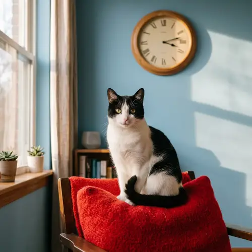 Adorable Domestic Short-Haired Cat on Red Cushion | Pet Photography