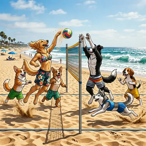 Dog Beach Volleyball: Playful Canines in Beach Attire