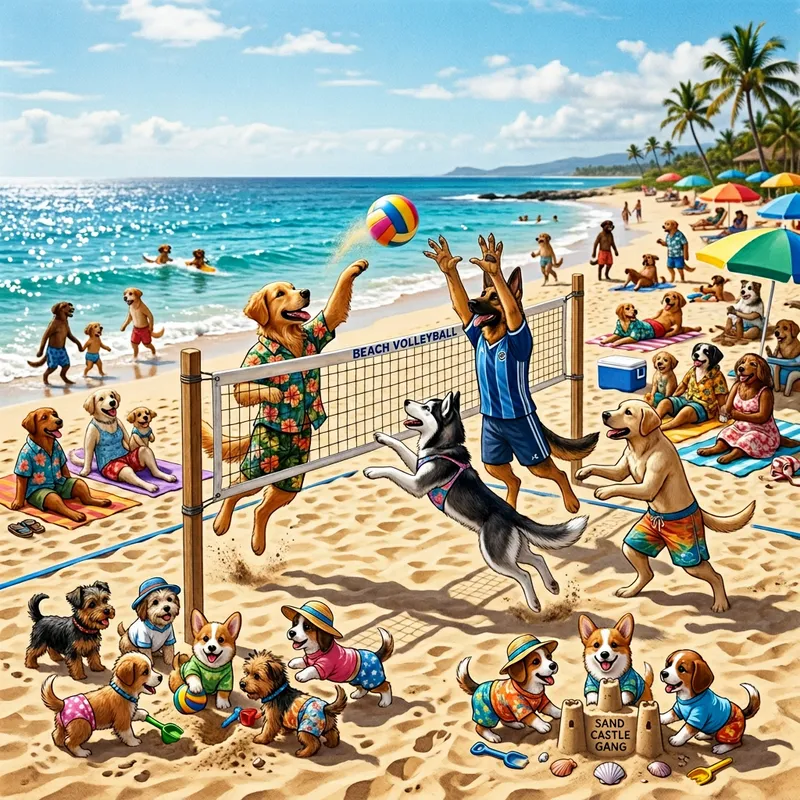 Dog and Puppies Beach Day Fun | Vibrant Volleyball Game