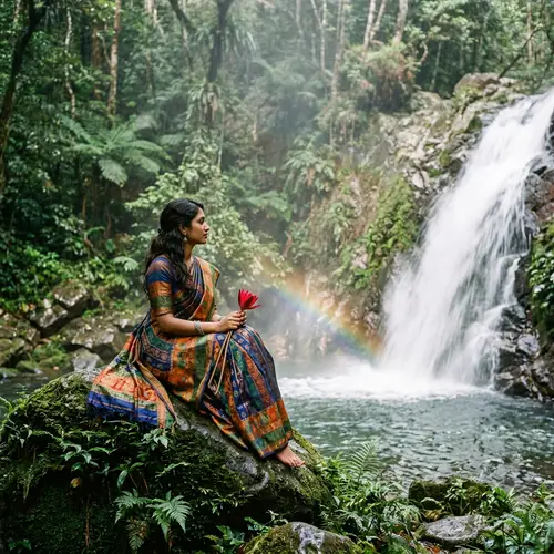Beautiful Indian Woman by Tranquil Waterfall