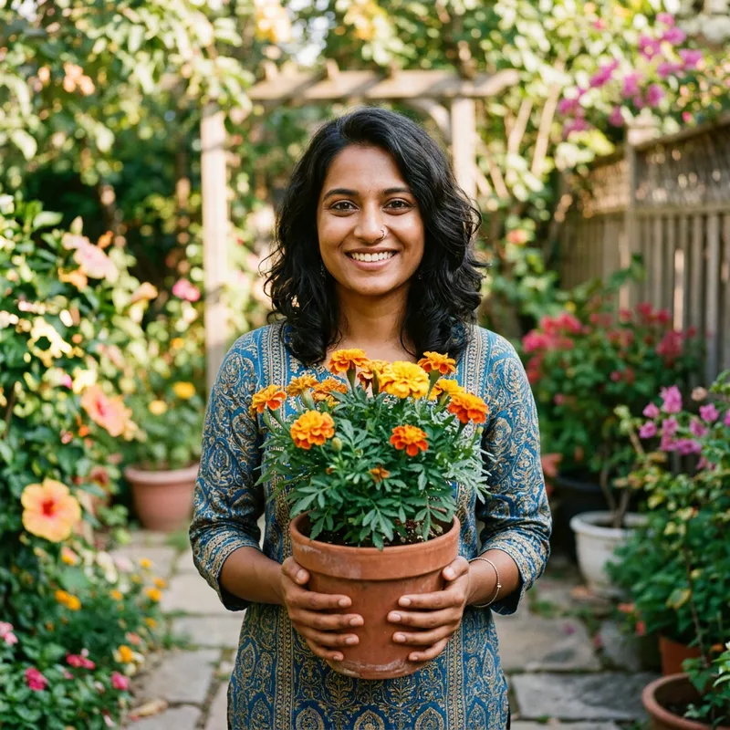 Beautiful Person Looking at Camera with Flower Pot Beautiful Person Looking at Camera with Flower Pot