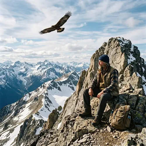Bearded Man Sitting on Mountain with Eagle