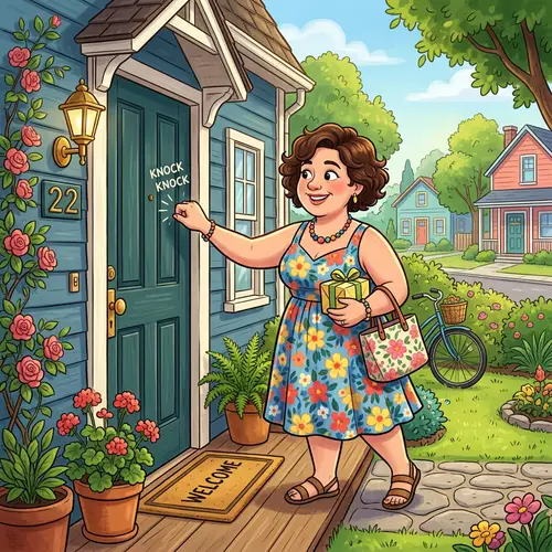 Cheerful Cartoon Woman Knocking on Door