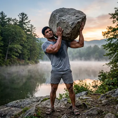 Powerful South Asian Individual Lifting A Massive Boulder