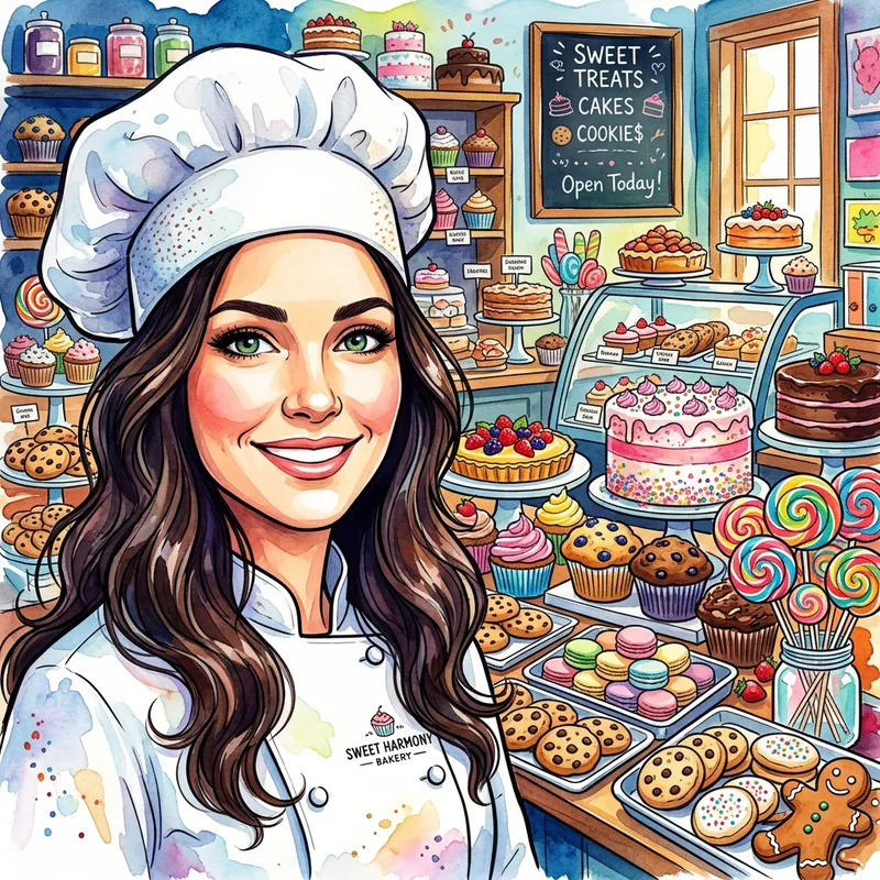 Cartoon Woman Chef Surrounded by Colorful Desserts