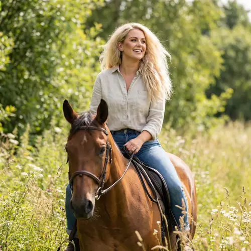 Beautiful Blonde Model Riding a Horse in Meadow
