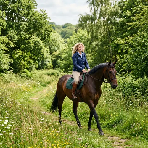 Blonde Woman Rides Horse in a Leafy Meadow