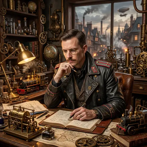 Steampunk-Inspired Image of a Thoughtful Man in Lavish Workspace