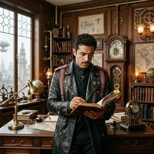 Steampunk-Inspired Middle-Eastern Man in Richly Embellished Office