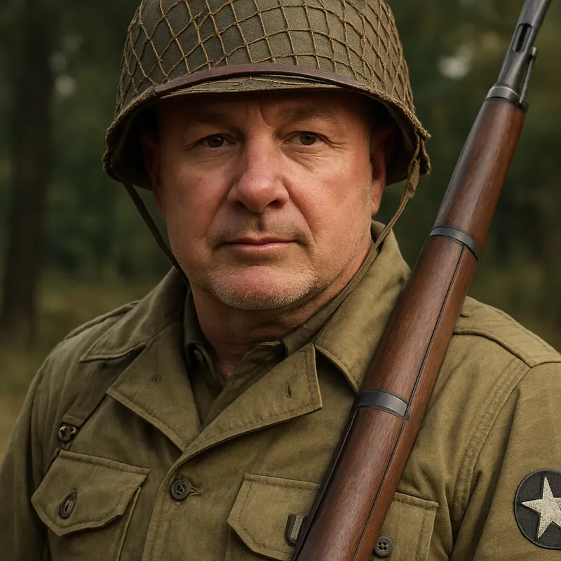 WW2 American Soldier Photo in Uniform and Helmet