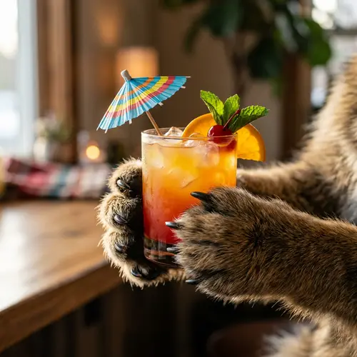 Colorful Cocktail in Fluffy Paws: Fun Drink with Decorative Umbrella