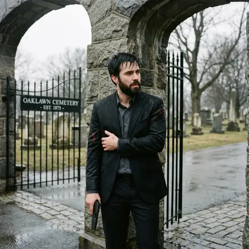 Mysterious Man in Black Suit at Rainy Cemetery