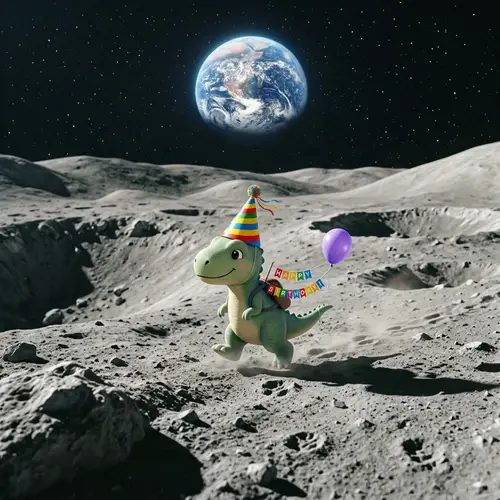 Adorable Dinosaur Celebration on the Moon