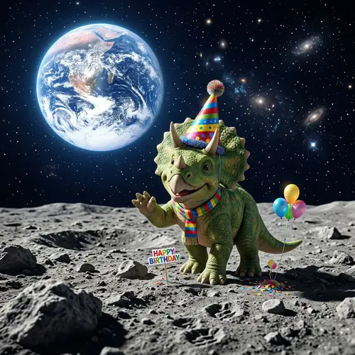Colorful Dinosaur with Party Hat on Moon's Surface