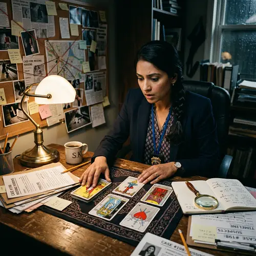 Female South Asian Detective Solving Cases with Tarot Cards