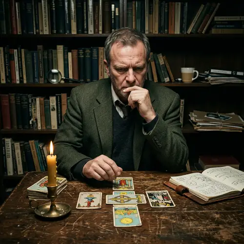 Caucasian Detective Uses Tarot Cards in Tense Atmosphere