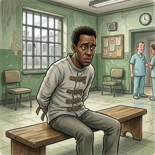 Cartoon of Man in Straitjacket at Asylum
