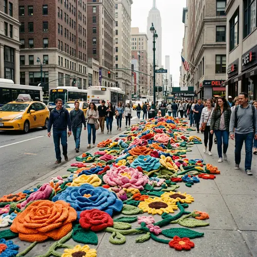 Knitted Flowers Display on New York Streets | Kodak Vision 3 500