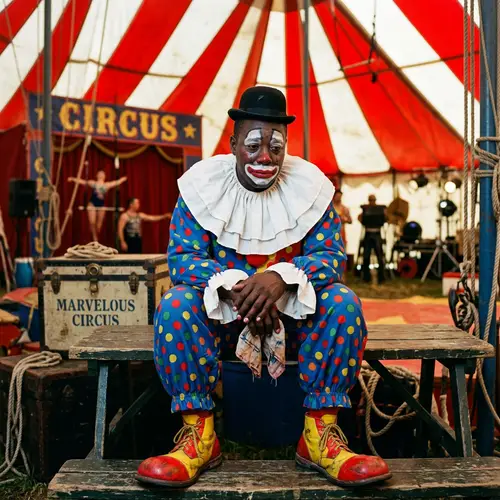 Sad Black Male Clown - LGBTQ+ Character in Circus Environment