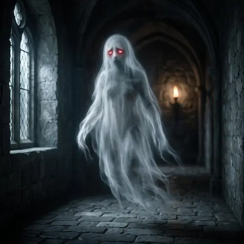 Ethereal Sad Ghost with Glowing Red Eyes