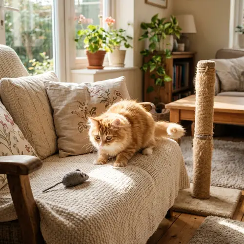Fluffy Cat Lounging in Sunlit Room with Toy Mouse