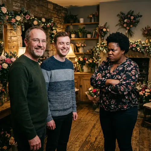 Smiling Bespectacled Man, Smiling Man, and Angry Plus-size Woman in Dimly Lit Room