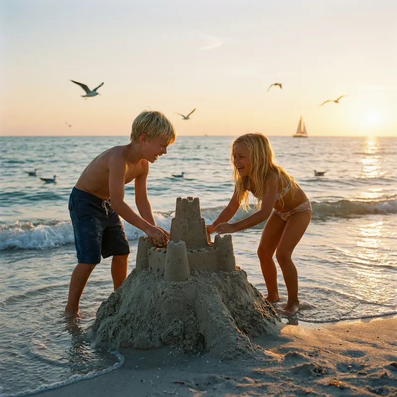Tranquil Beach Day: Strong Blond Boy & Girl Building Sandcastle Tranquil Beach Day: Strong Blond Boy & Girl Building Sandcastle
