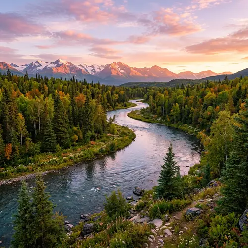 Serene Landscape: River, Forest & Majestic Mountains