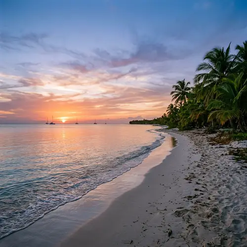 Tranquil Ocean Sunset View with Sailboats and Palm Trees