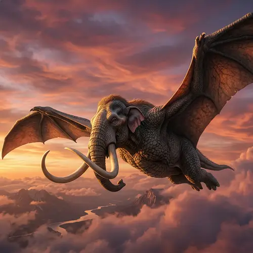 Graceful Extinct Animal with Tusks and Wings Soaring in Sunset Skies