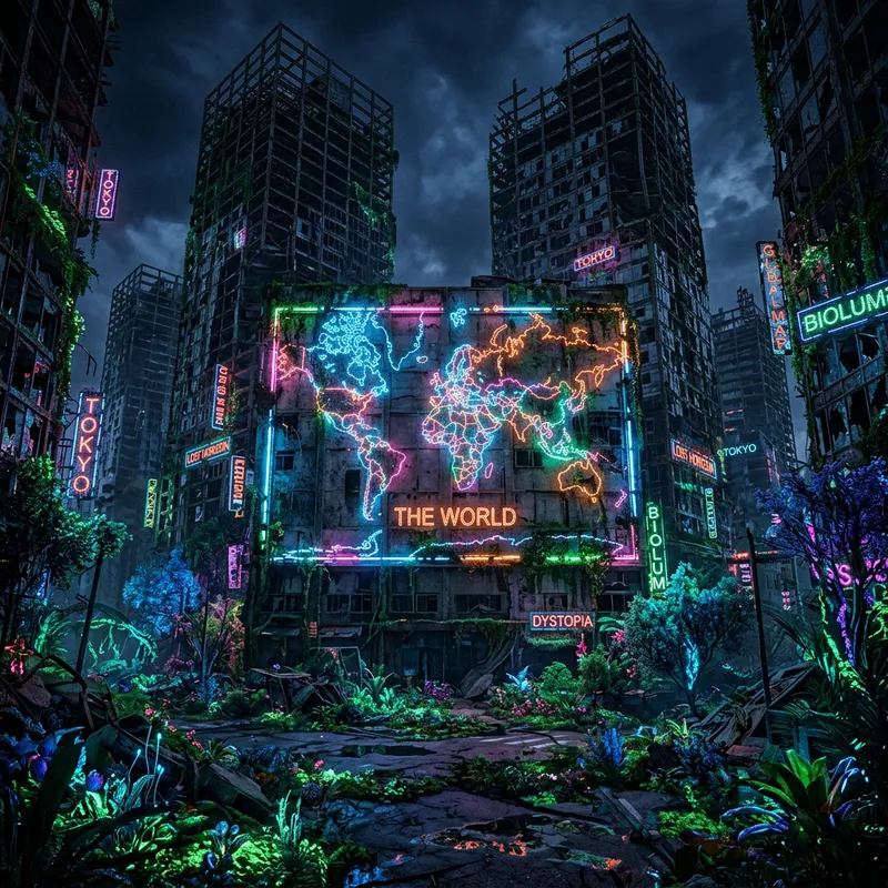 The World Map with Malfunctioning Neon Signs and Bioluminescent Transformation