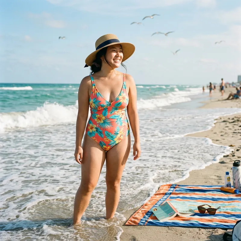 Big Buttock Asian Girl Enjoying Sunny Beach Day