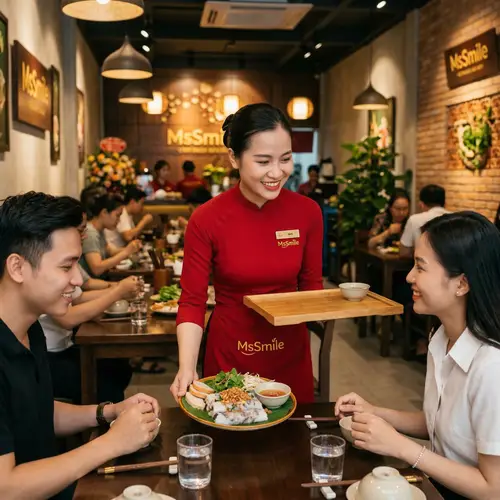 Elegant Vietnamese Waitress Serving Bánh Cuốn Tây Sơn