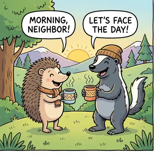 Cheerful Hedgehog & Honeybadger Morning Coffee