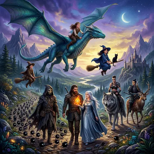 Fantasy Scene with Dragon, Witch, and Warrior