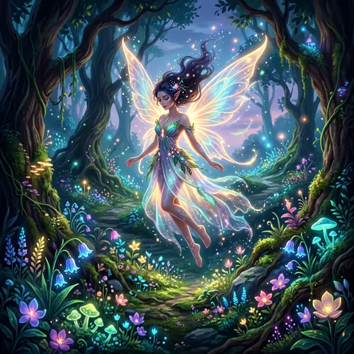 Mystical Forest Fairy with Illuminated Wings and Glowing Flowers
