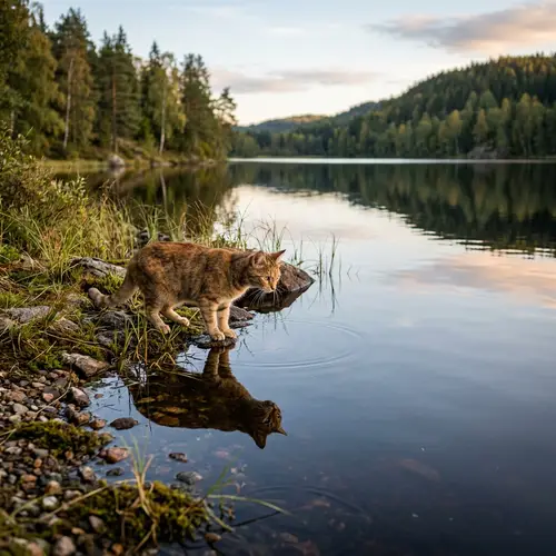 Cat by the Lake - Staring at Reflection